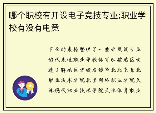 哪个职校有开设电子竞技专业;职业学校有没有电竞